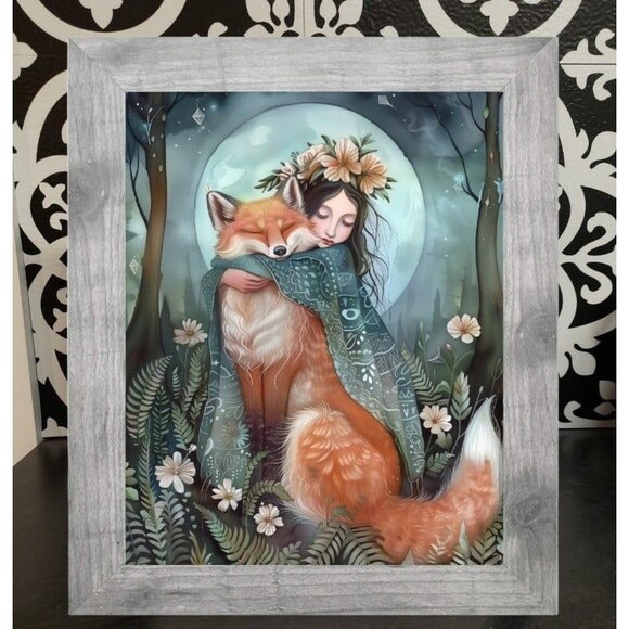 Set 4 Framed Spirit Animal Raven Crow Fox Owl Wolf Hug Crystals Prints - Picture 4 of 5